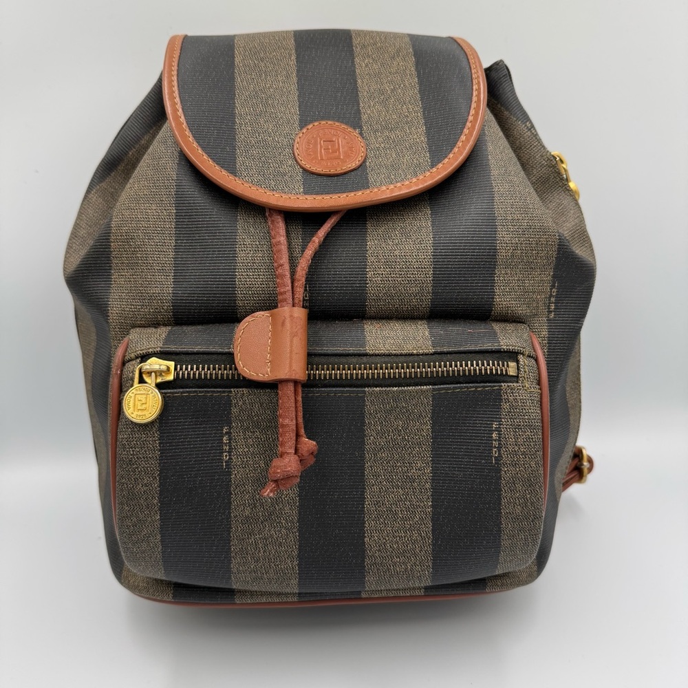 Fendi Pecan Canvas Backpack Beige Black Gold